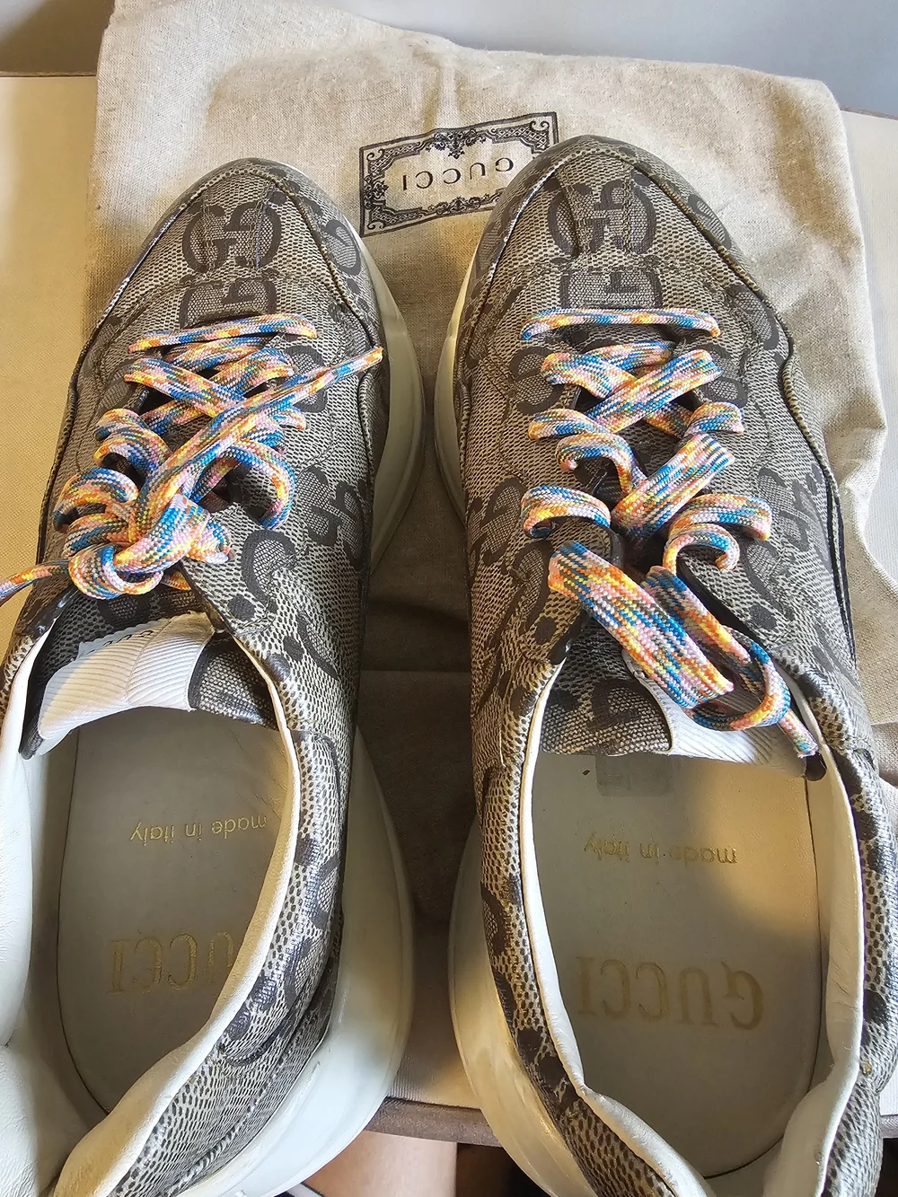 Gucci Men’s Beige GG Canvas Sneakers with Multicolor Laces